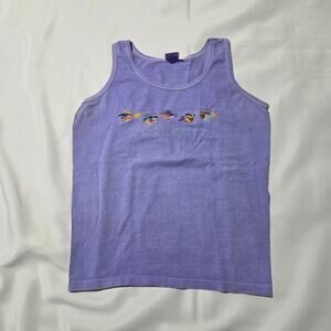 Vtg Anvil Tank Top Women’s L Purple Embroidered Tropical Fish Made in USA 90s